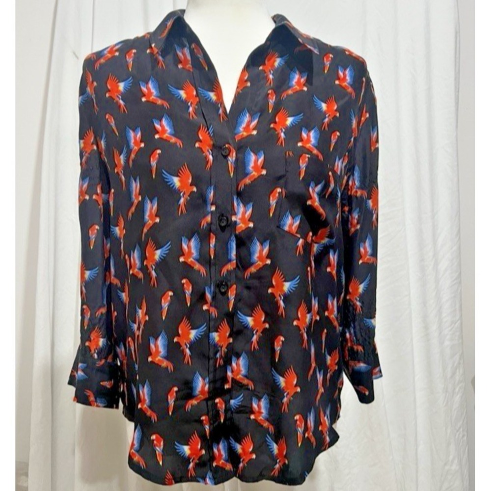Anine Bing Silk Shirt Billie‎ Parrot Blouse Collared Button Up Size XS - FLAW
